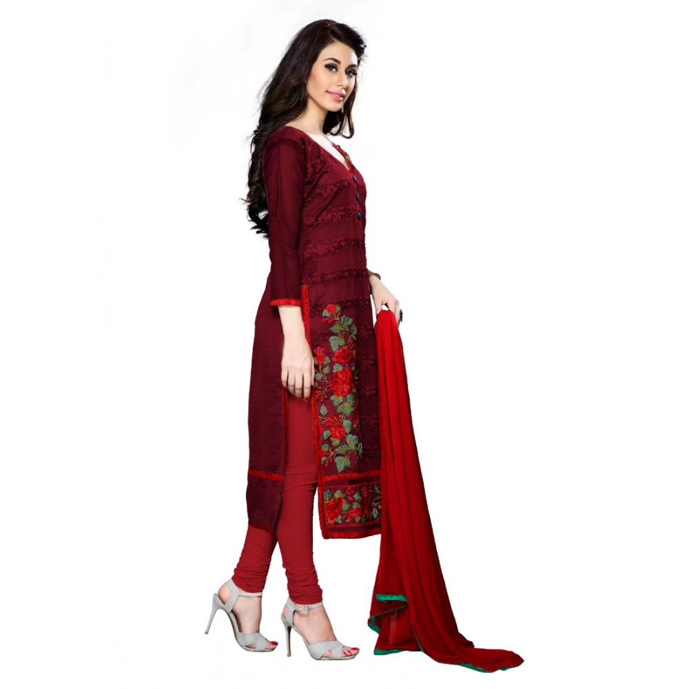 Cotton Unstitched Salwar Suit-Material With Dupatta (Dark Maroon,2.3 Mtrs) - Image 2