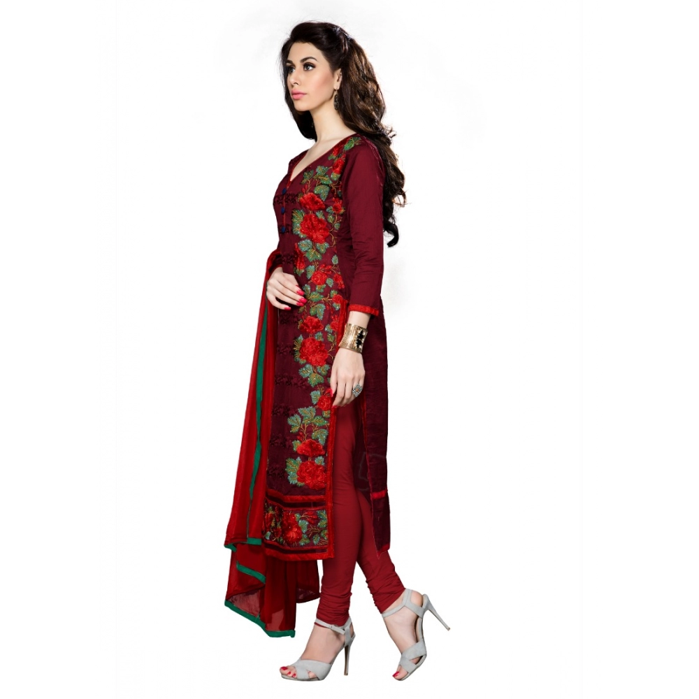 Cotton Unstitched Salwar Suit-Material With Dupatta (Dark Maroon,2.3 Mtrs) - Image 4
