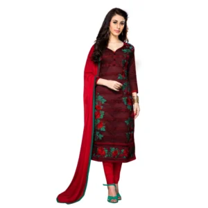 Cotton Unstitched Salwar Suit-Material With Dupatta (Dark Maroon,2.3 Mtrs)