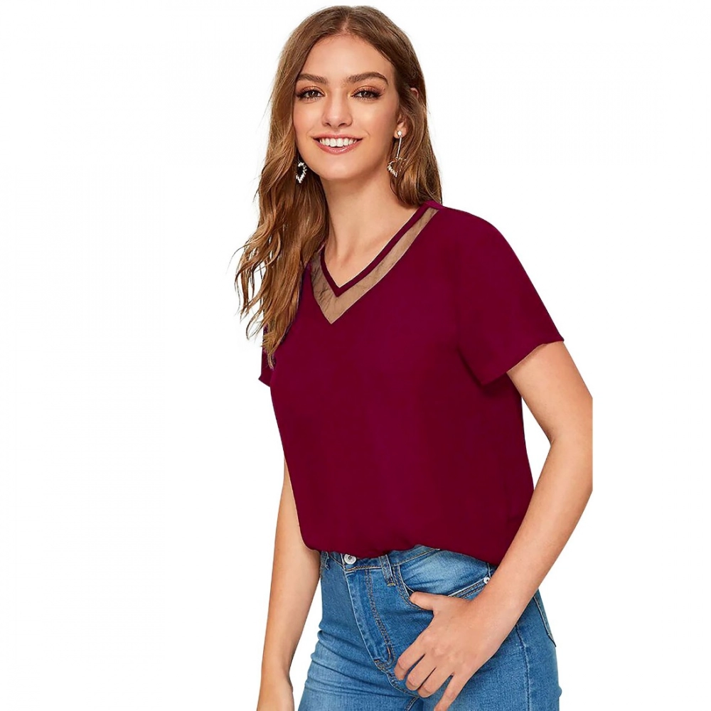 Polyester, Knitting Western Wear T-Shirt (Maroon) - Image 3