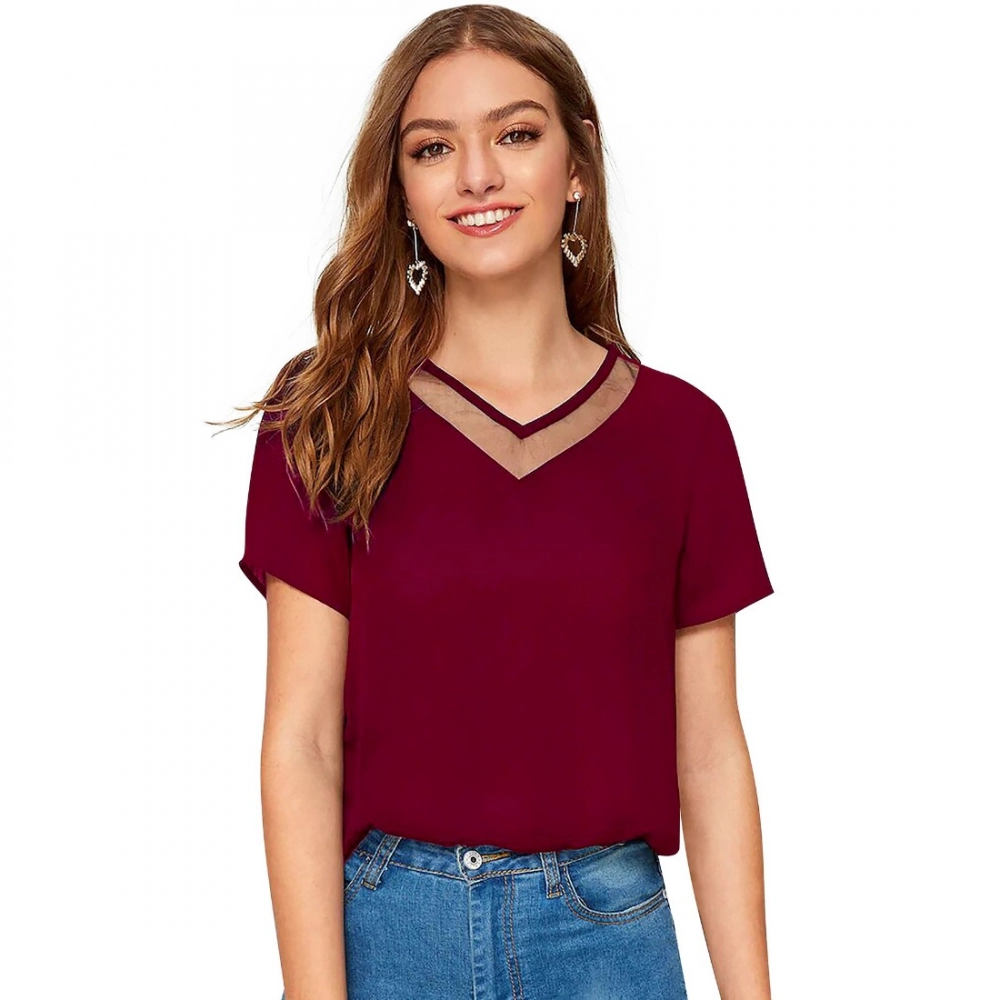 Polyester, Knitting Western Wear T-Shirt (Maroon)
