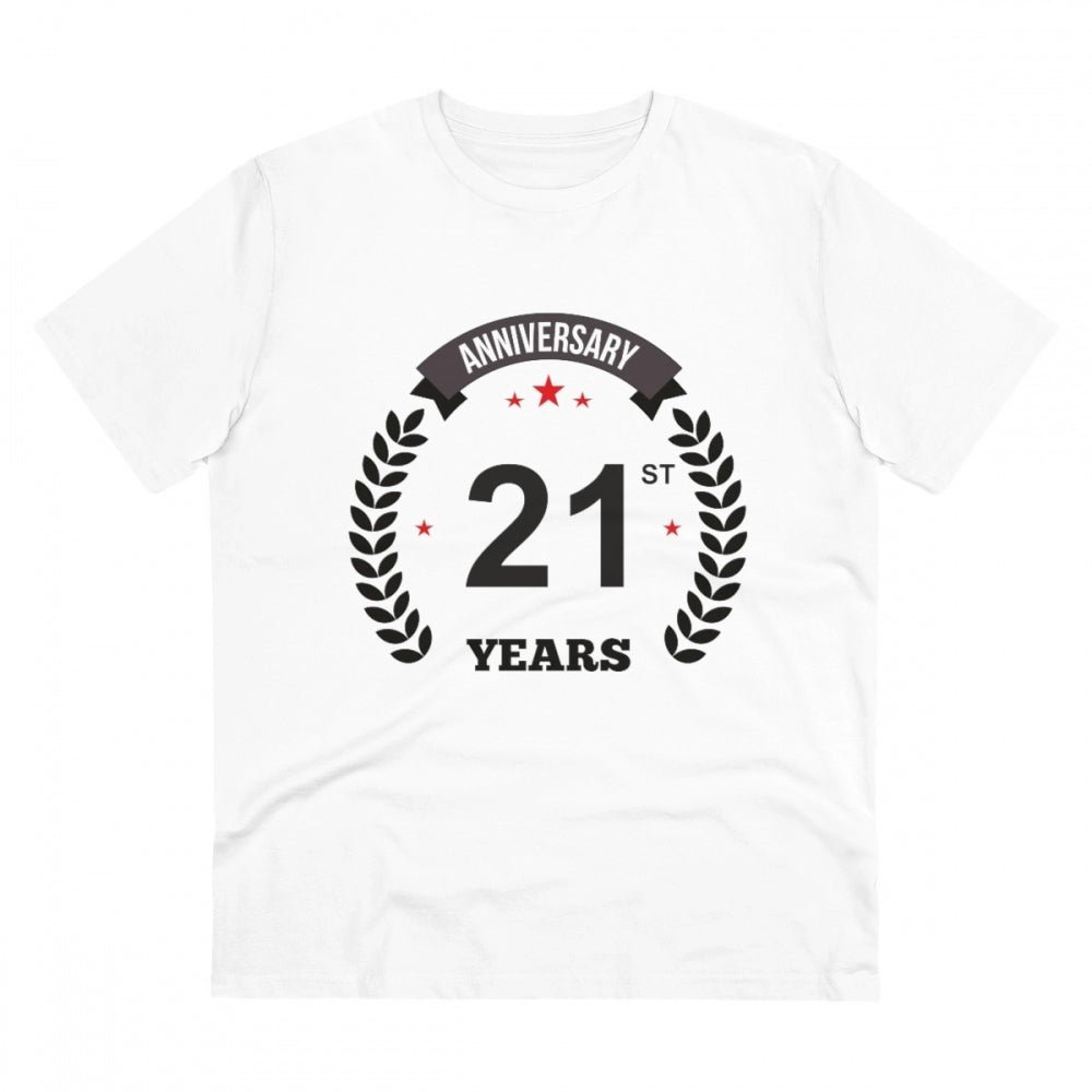 Men's PC Cotton 21st Anniversary Printed T Shirt (Color: White, Thread Count: 180GSM)