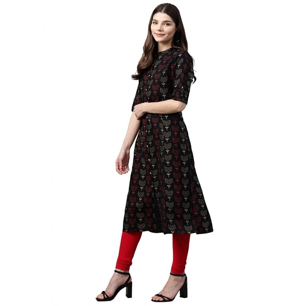 Women's Cotton Printed A Line Kurti (Black, Cotton) - Image 2
