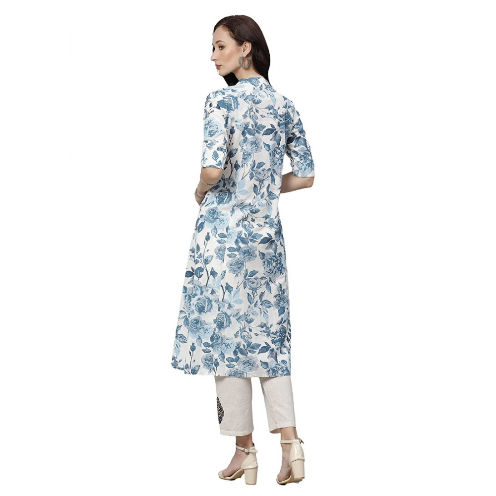 Cotton Printed Floral Print Kurti (White, Blue, Cotton) - Image 2