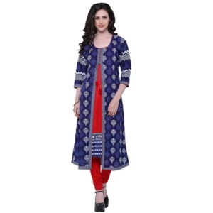 Cotton Printed Long Kurti (Blue, Red, Cotton)