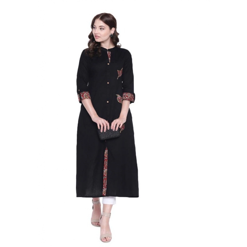 Khadi Printed A Line Kurti (Black, Khadi)