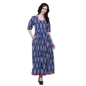 Cotton Printed Anarkali Kurti (Blue, Cotton)