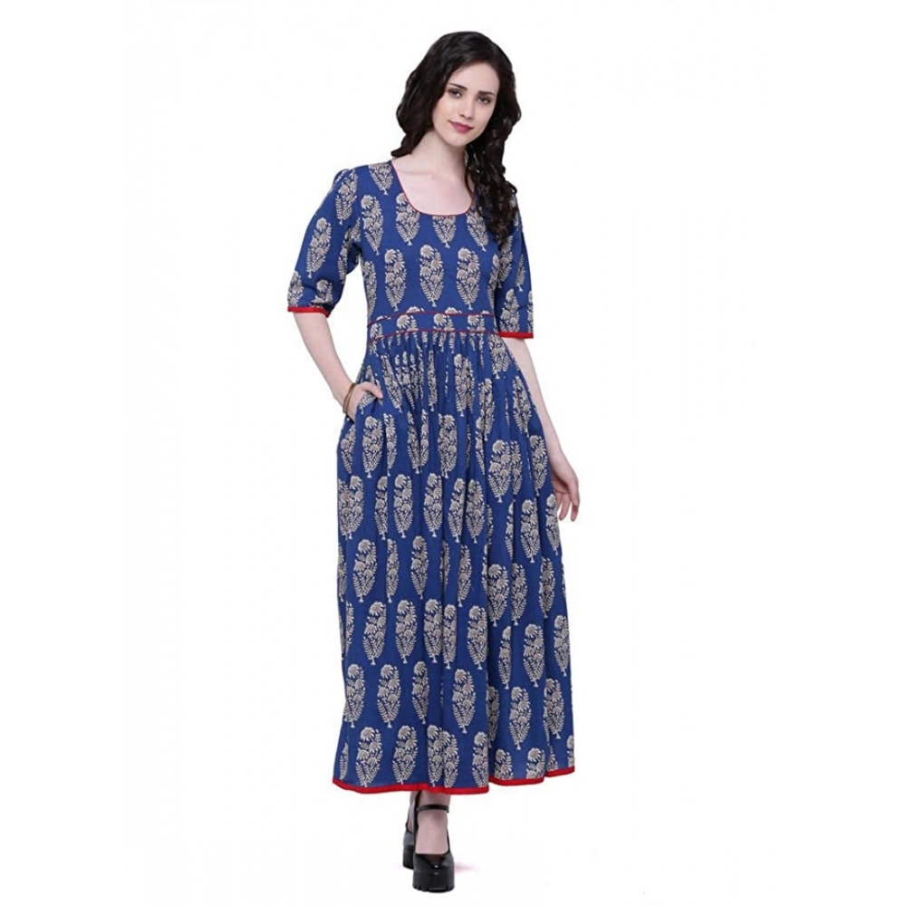 Cotton Printed Anarkali Kurti (Blue, Cotton)
