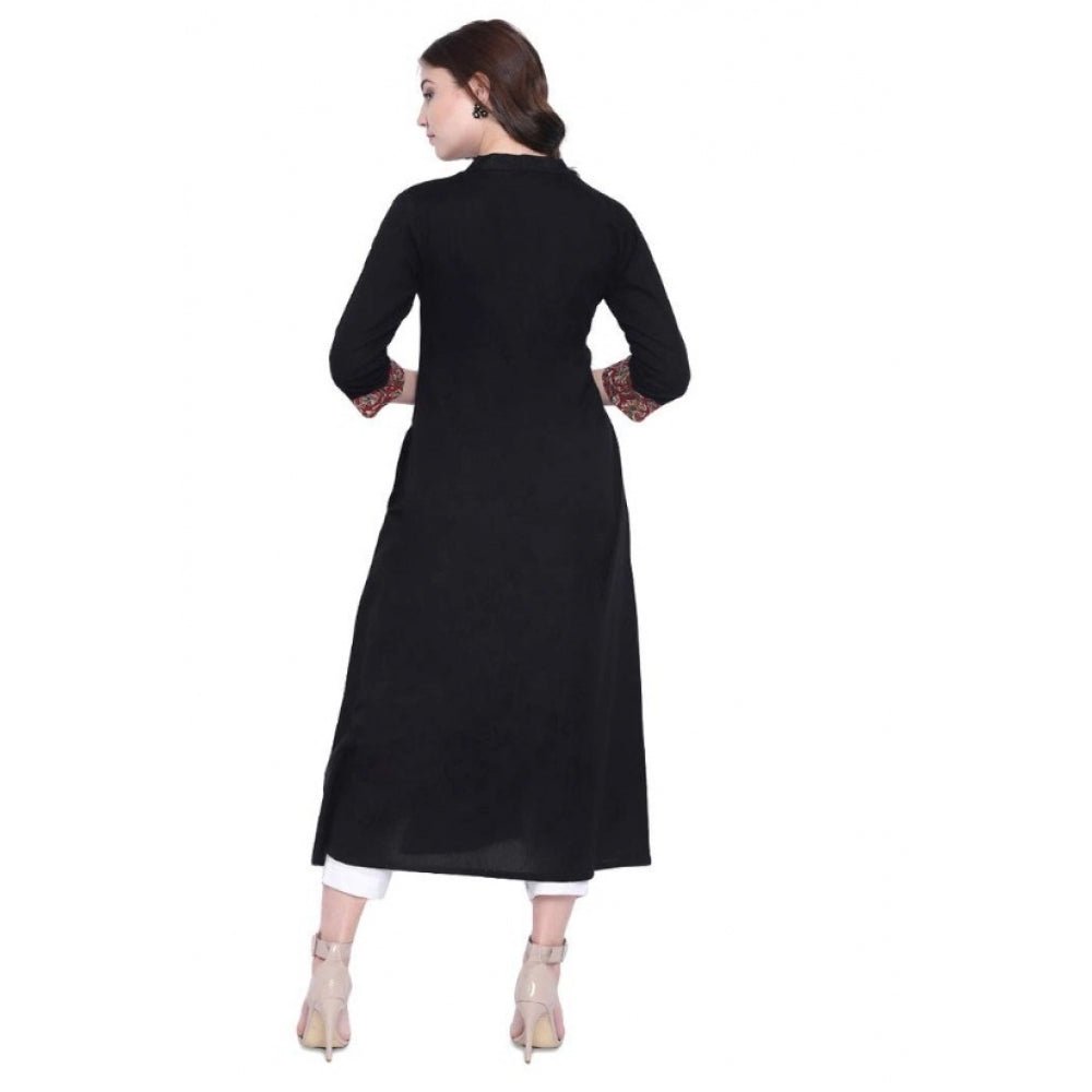 Women's Khadi Printed A Line Kurti (Black, Khadi) - Image 4