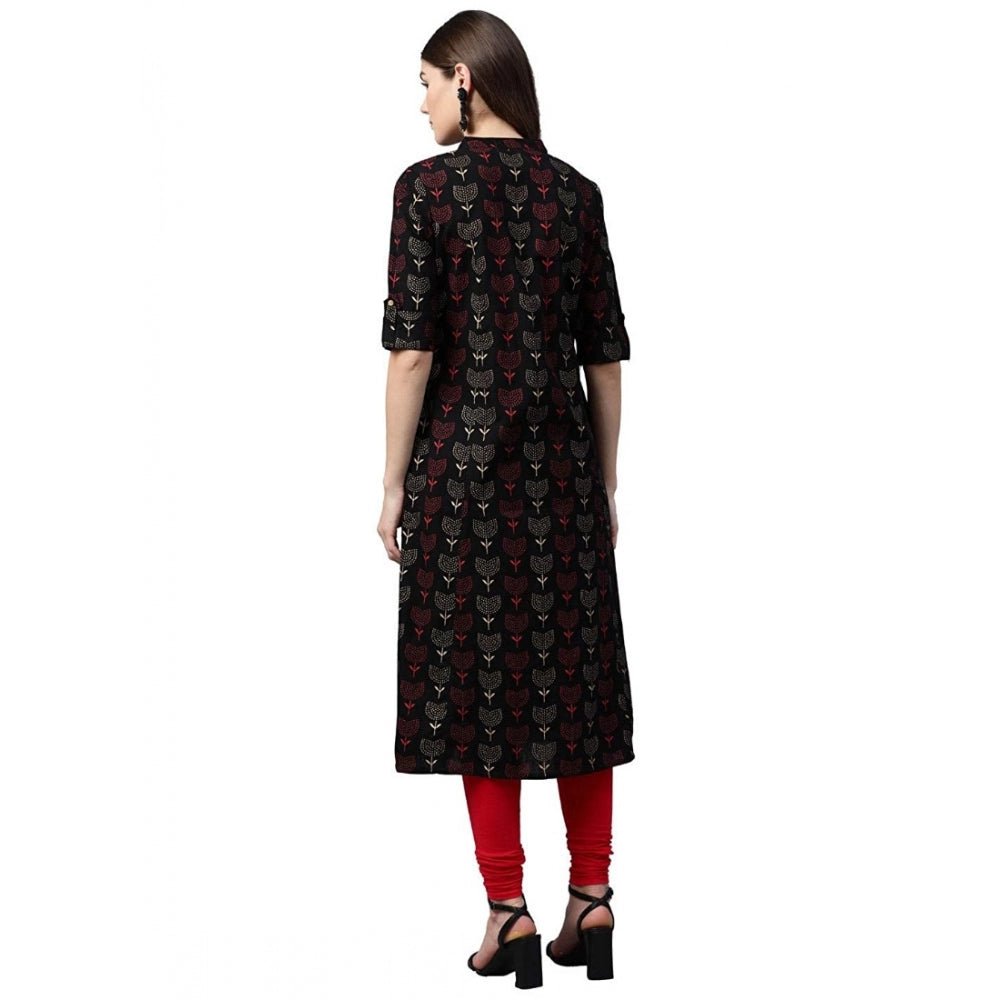 Women's Cotton Printed A Line Kurti (Black, Cotton) - Image 4