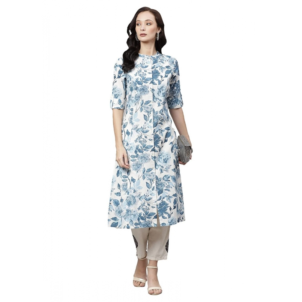 Cotton Printed Floral Print Kurti (White, Blue, Cotton) - Image 3