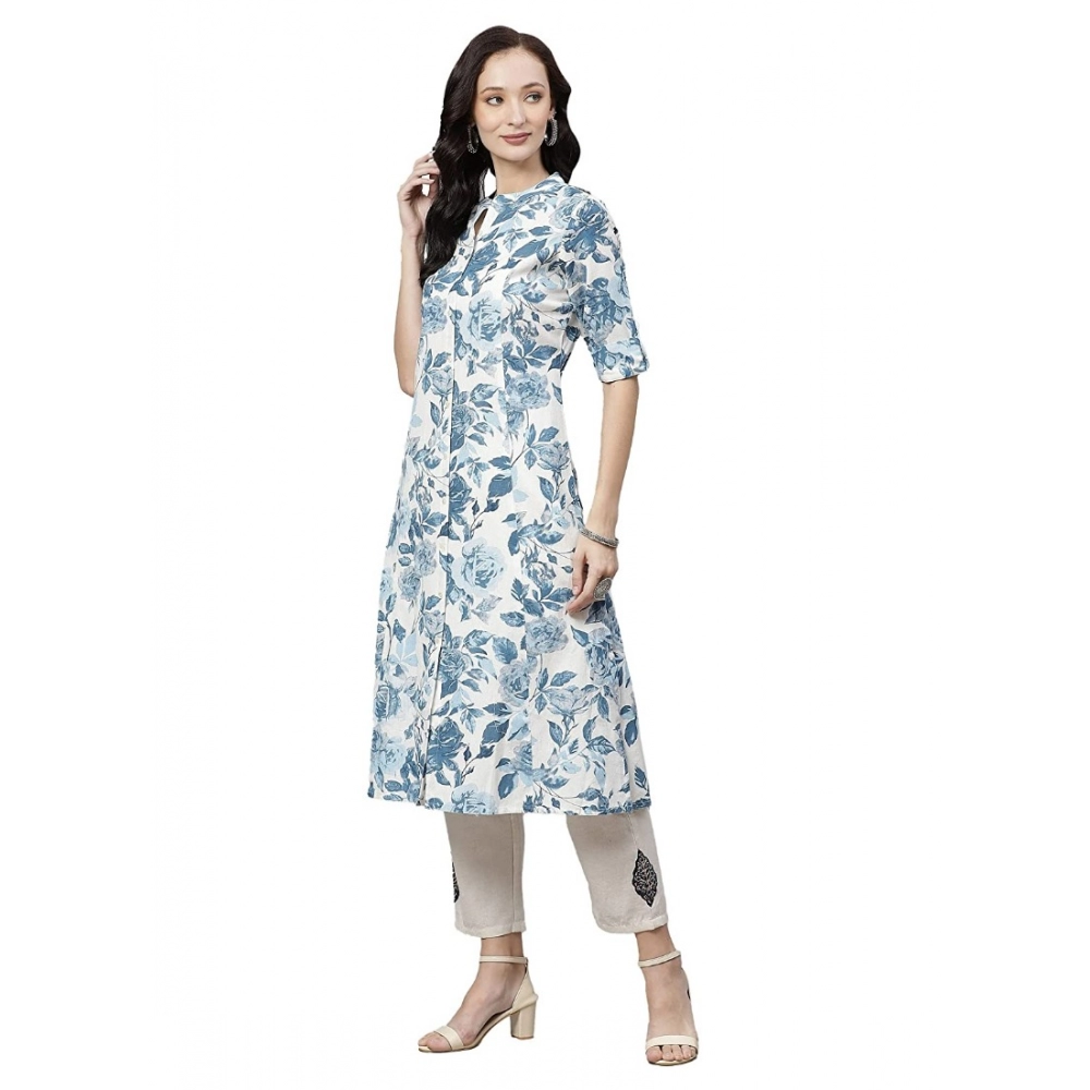 Cotton Printed Floral Print Kurti (White, Blue, Cotton) - Image 5