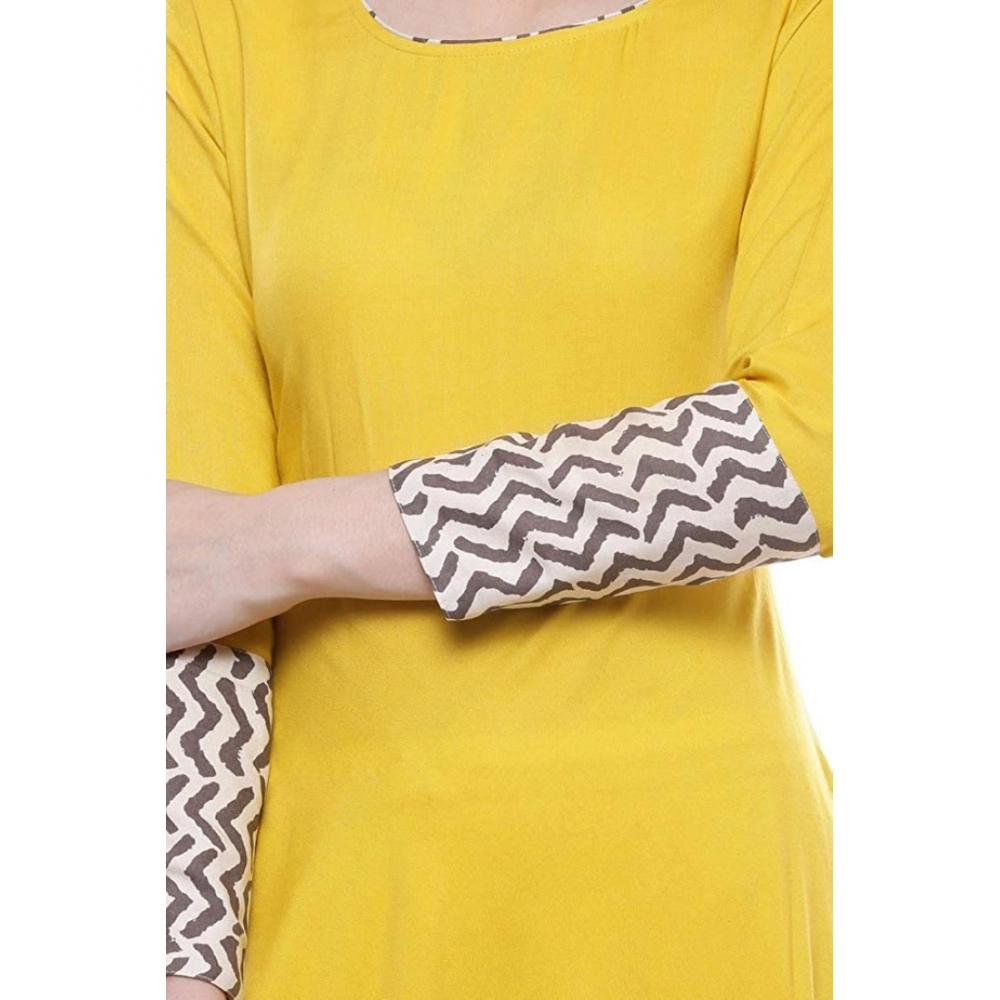 Rayon Printed Solid Anarkali Kurti (Yellow, Rayon) - Image 2