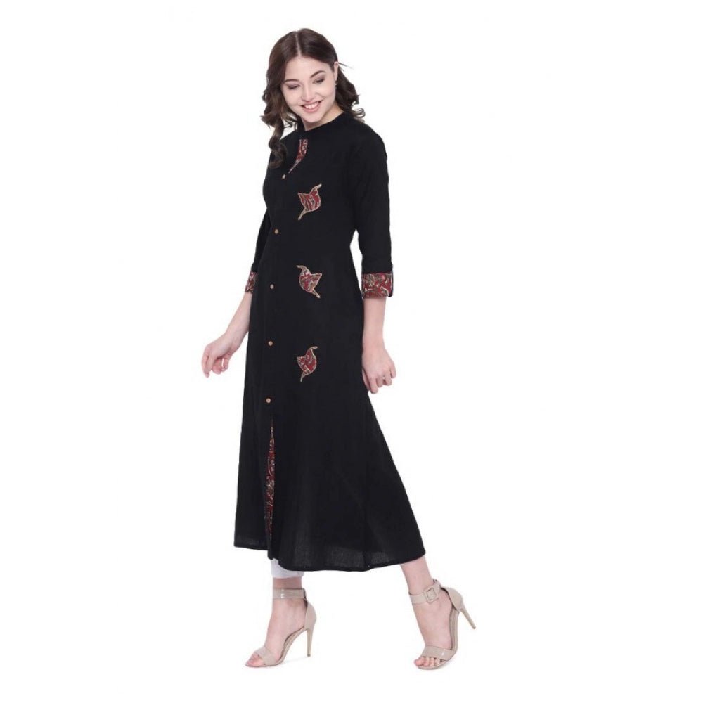 Women's Khadi Printed A Line Kurti (Black, Khadi) - Image 2