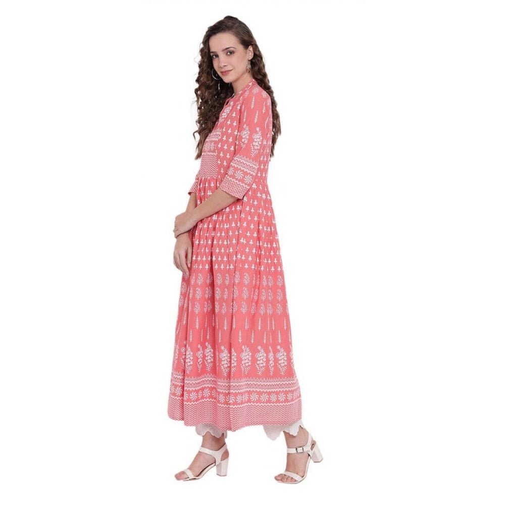 Women's Cotton Printed Regular Kurti (Peach, Cotton) - Image 4