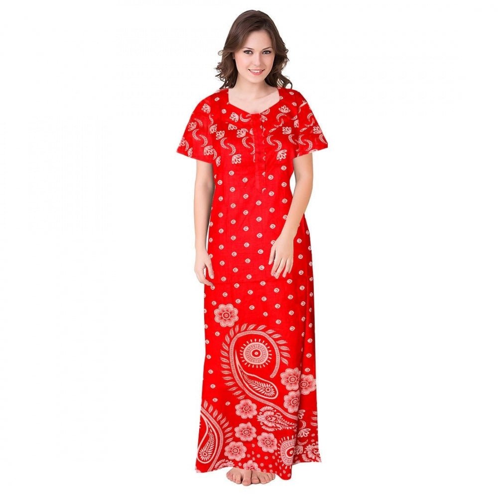Cotton Printed Maxi Nighty (Red)