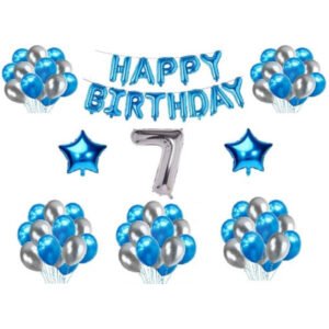 7Th Happy Birthday Decoration Combo With Foil And Star Balloons (Blue, Silver)