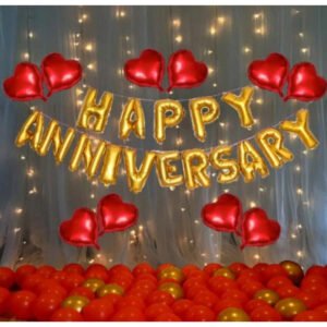 Red And Golden Happy Anniversary Decorations Set Of Metallic Balloons (Multicolor)