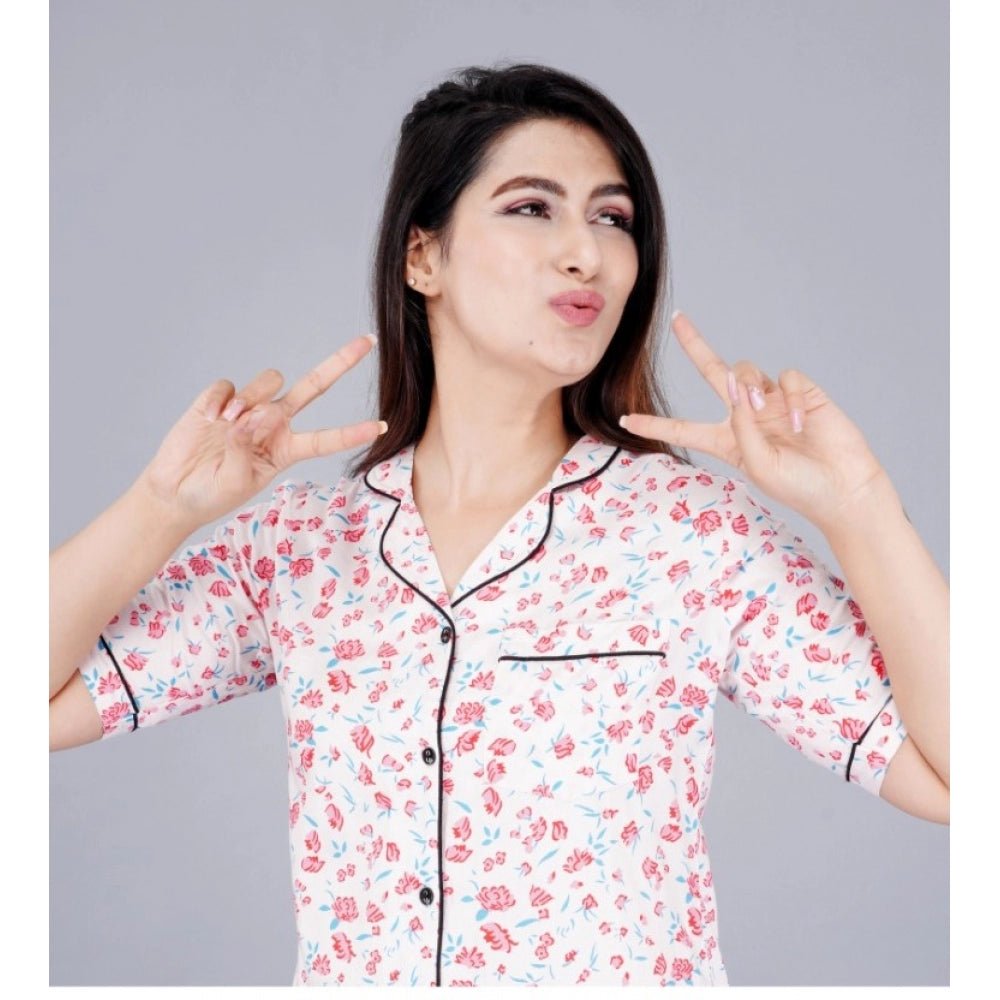 Casual Half Sleeve Printed Viscose Rayon Shirt With Pyjama Pant Night Suit Set (Baby Pink) - Image 5