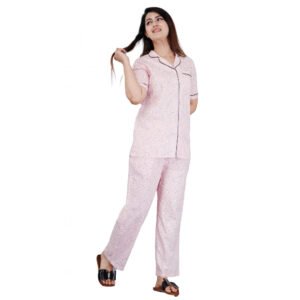 Casual Half Sleeve Printed Viscose Rayon Shirt With Pyjama Pant Night Suit Set (Pink)