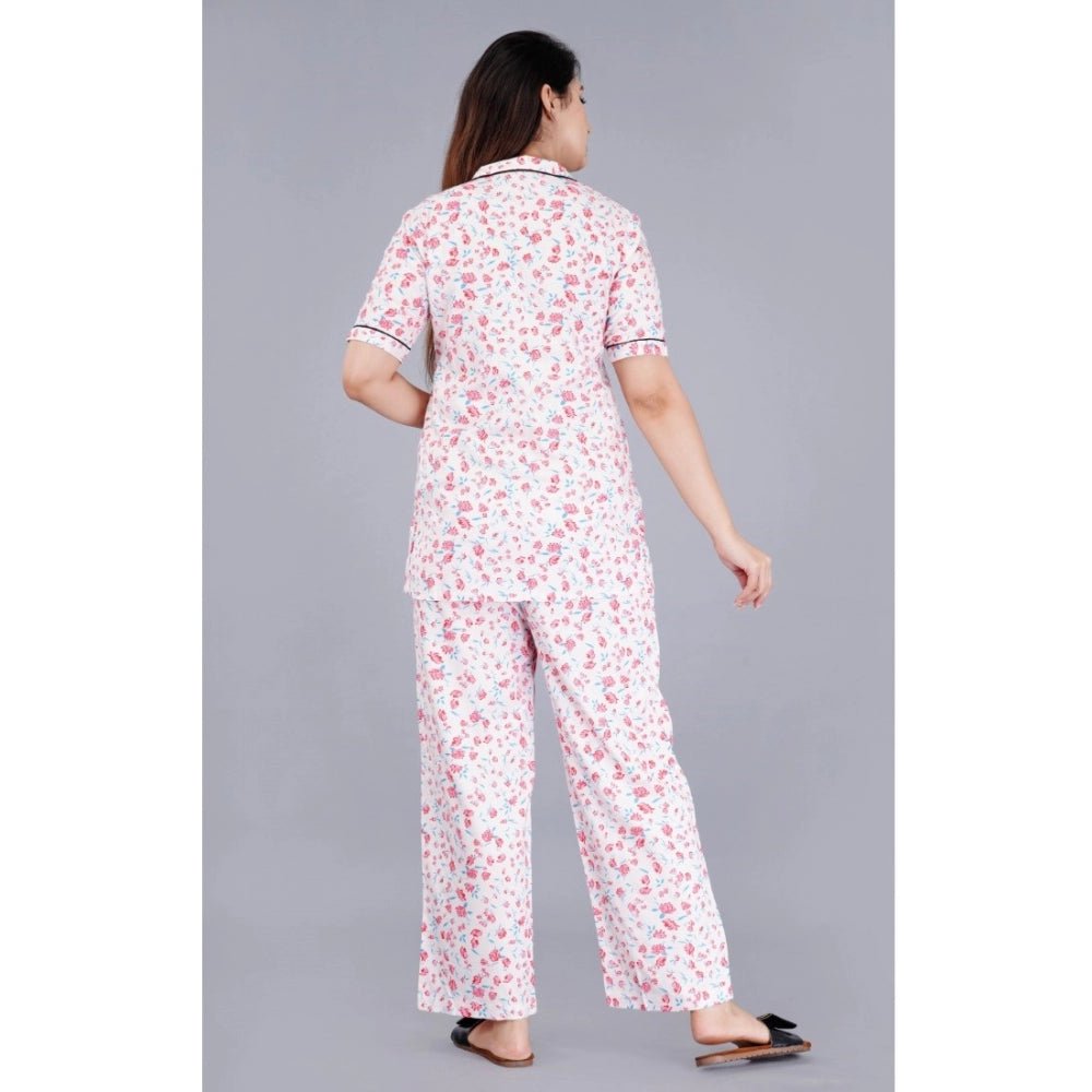 Casual Half Sleeve Printed Viscose Rayon Shirt With Pyjama Pant Night Suit Set (Baby Pink) - Image 2