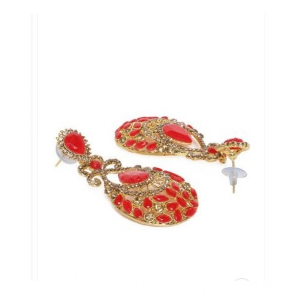 Women's Rose Gold Plated Alloy Earrings (Gold & Red) - Image 3