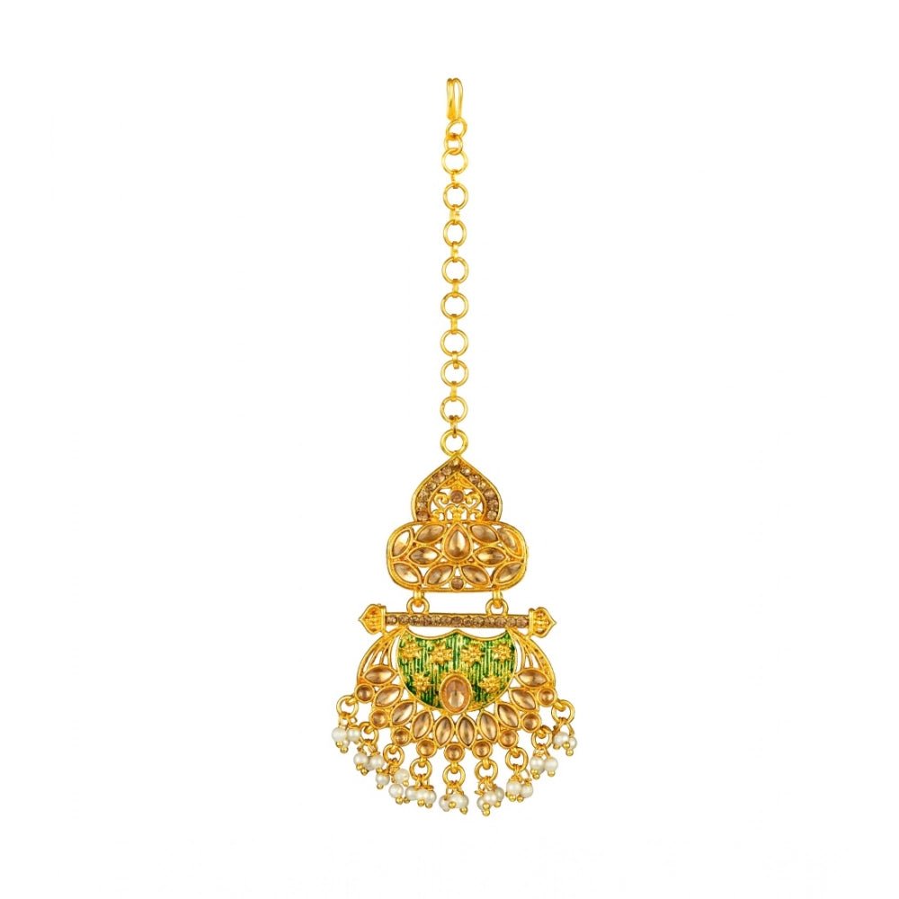 Women's Rose Gold Plated Alloy Kundan Earrings & Mangtikka (Green) - Image 5
