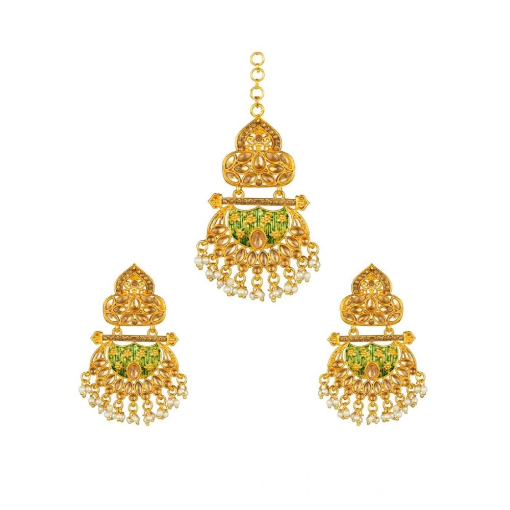 Women's Rose Gold Plated Alloy Kundan Earrings & Mangtikka (Green) - Image 2