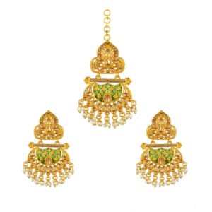 Women's Rose Gold Plated Alloy Kundan Earrings & Mangtikka (Green)
