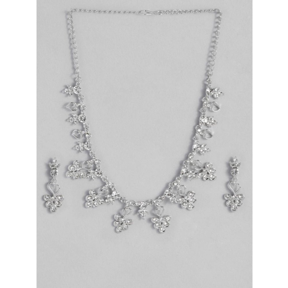 Women's Rose Gold Plated Brass Necklace & Earings Set (Silver) - Image 2