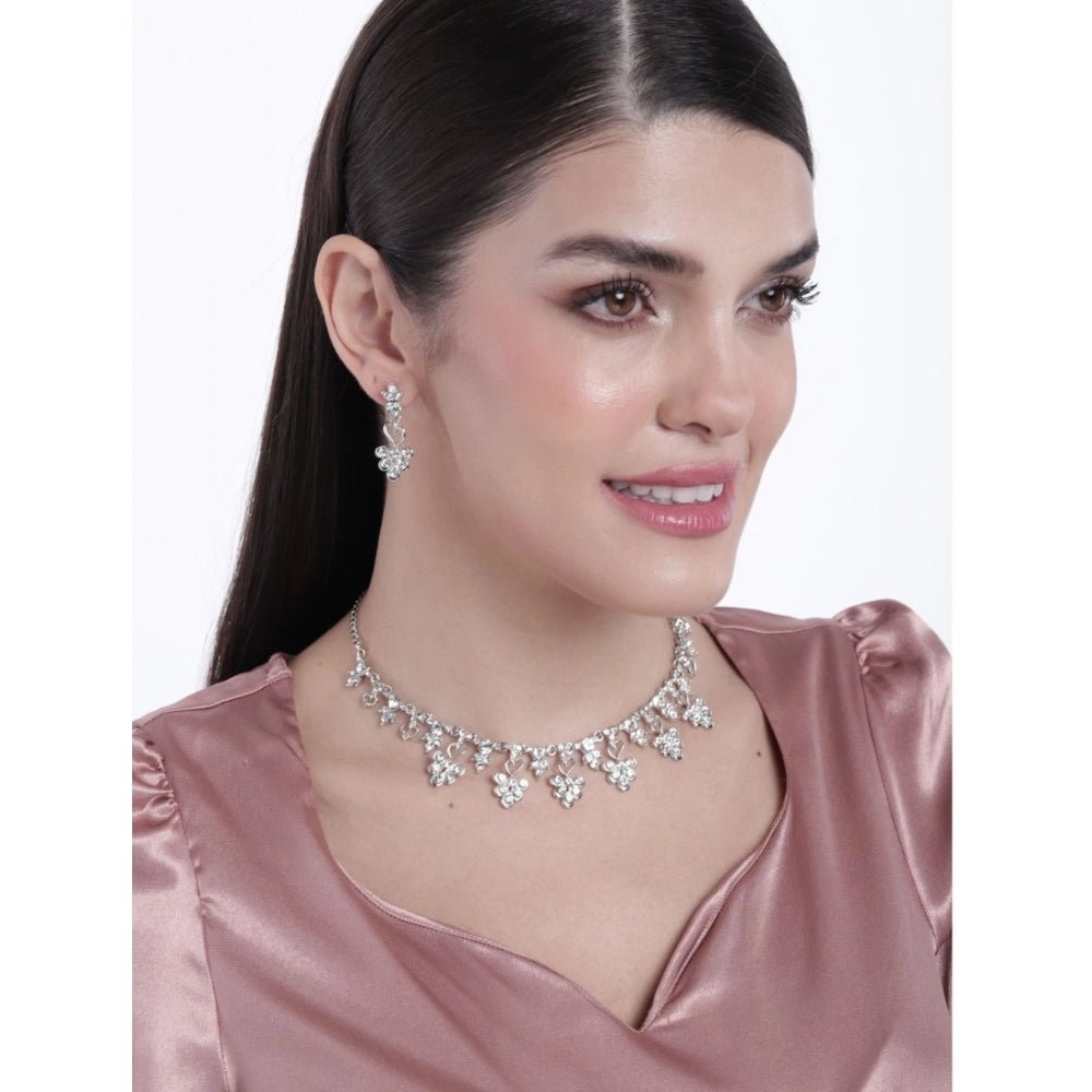 Women's Rose Gold Plated Brass Necklace & Earings Set (Silver) - Image 3