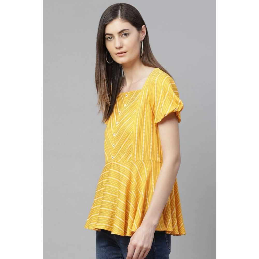 Casual Short Sleeves Stripe Printed Rayon Top (Mustard) - Image 5