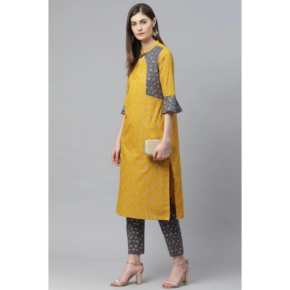Women's Casual Bell Sleeves Geomatrical Printed Cotton Kurti Set (Yellow) - Image 4