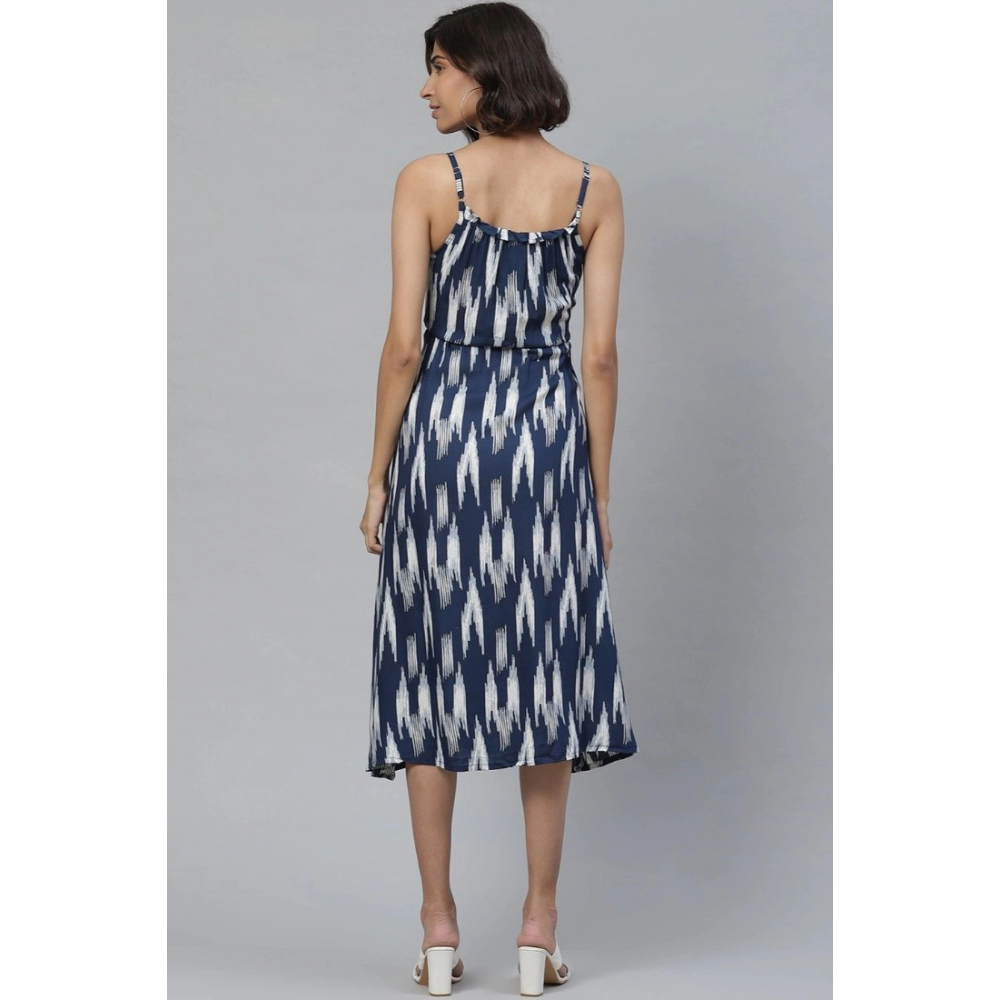 Casual Sleeveless Ikat Print Rayon Dress (Blue) - Image 2