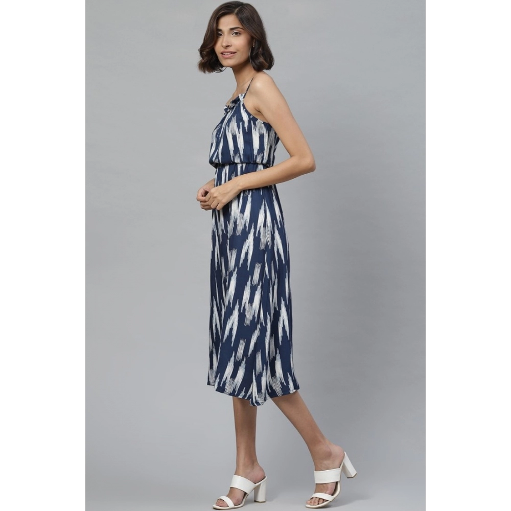 Casual Sleeveless Ikat Print Rayon Dress (Blue) - Image 3