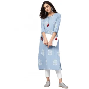 Casual 3/4 th Sleeve Embroidery Cambric Cotton Kurti (Blue)