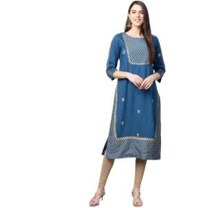 Casual 3/4 th Sleeve Floral Printed Rayon Kurti (Blue)