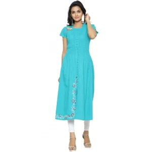 Casual Short Sleeve Embroidery Cotton Slub Kurti (Torque Green)