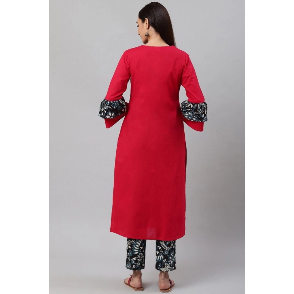 Women's Casual Bell Sleeves Floral Printed Cotton Kurti Set (Rani Pink) - Image 4
