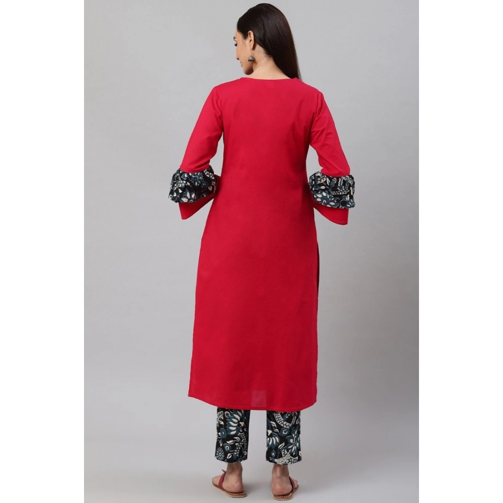 Generic Women's Casual Bell Sleeves Floral Printed Cotton Kurti Set (Rani Pink) - Image 2