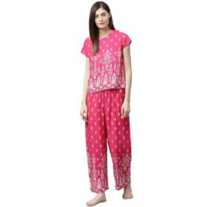 Casual Short Sleeve Printed Rayon Pajama Set (Pink)