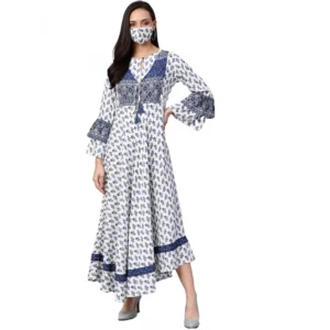 Casual Bell Sleeve Floral Printed Rayon Dress (White & Blue)