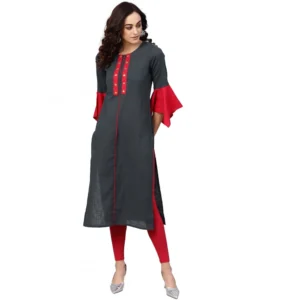 Casual Bell Sleeves Mirror Work Cotton Slub Kurti (Grey)