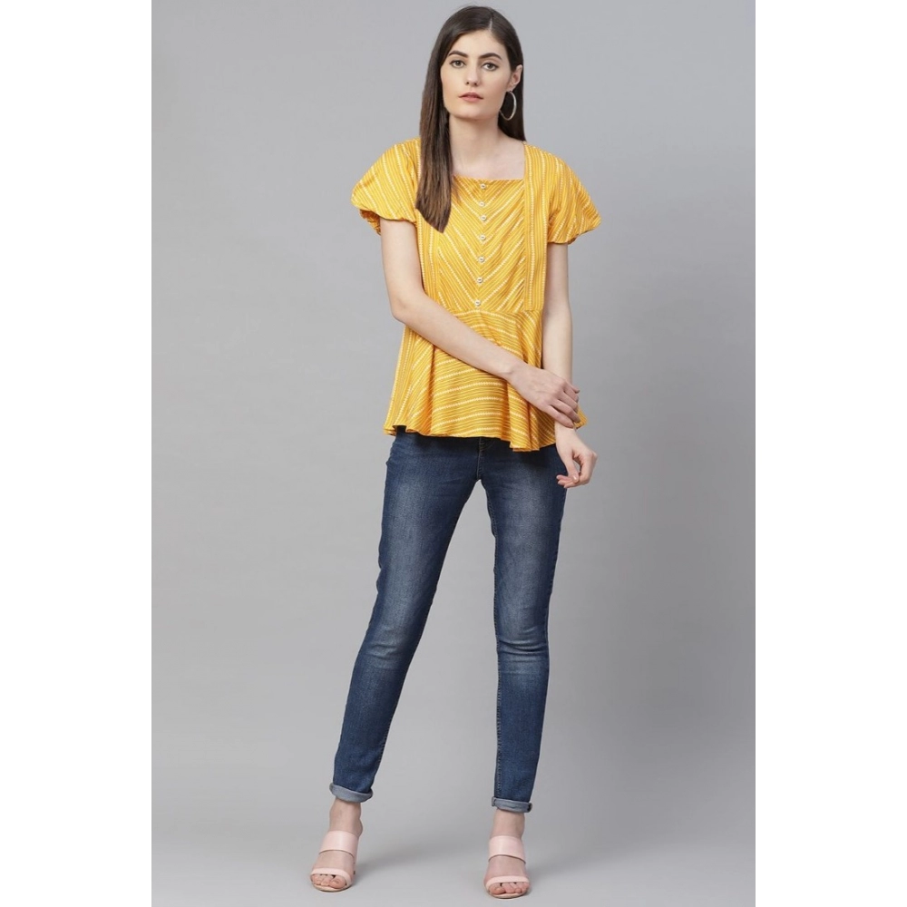 Casual Short Sleeves Stripe Printed Rayon Top (Mustard) - Image 3