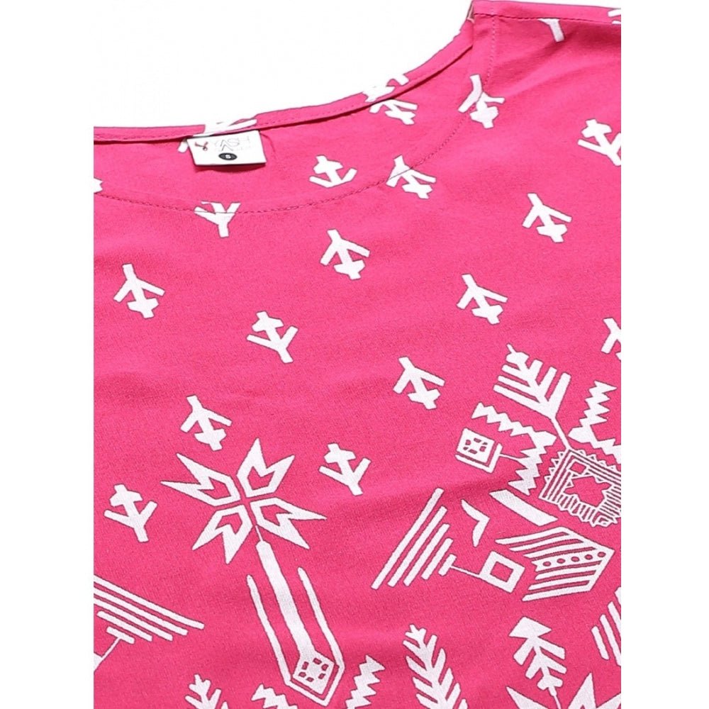 Casual Short Sleeve Printed Rayon Pajama Set (Pink) - Image 4