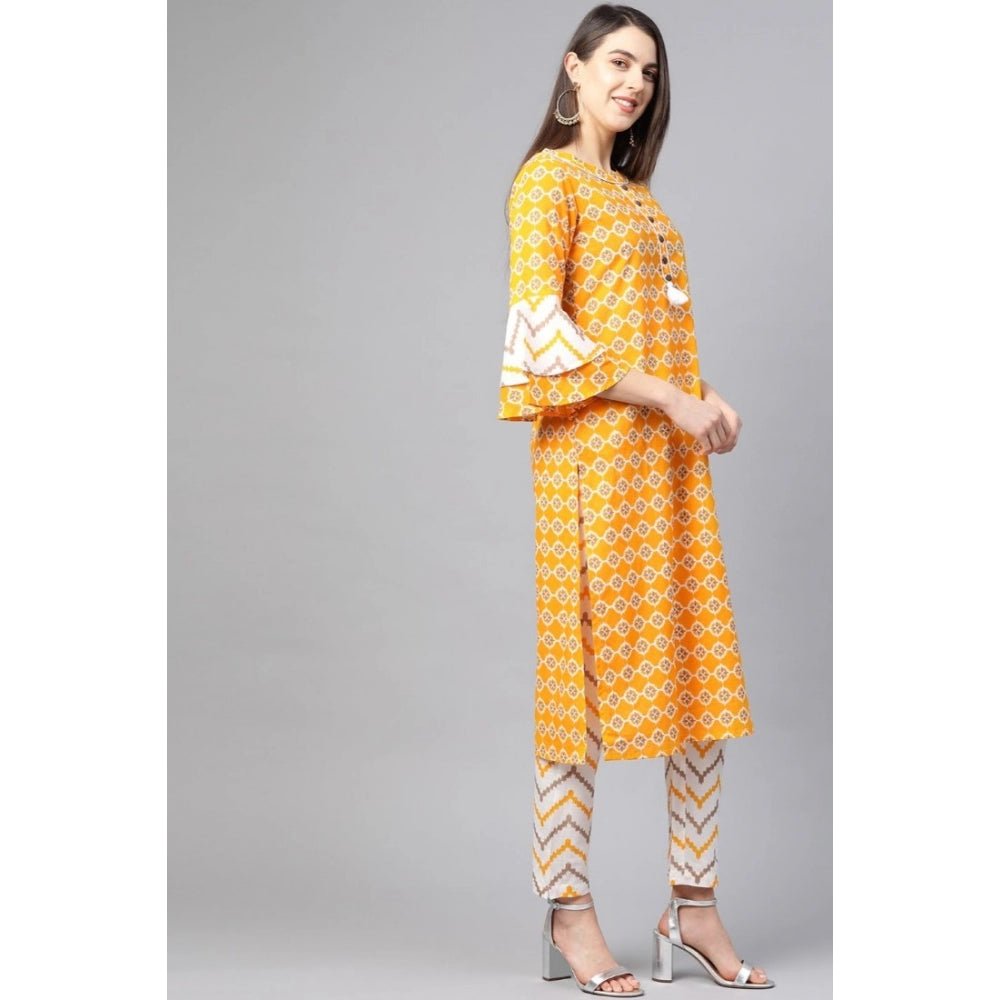 Women's Casual 3/4 th Sleeve Floral Printed Cotton Kurti Set (Mustard) - Image 2