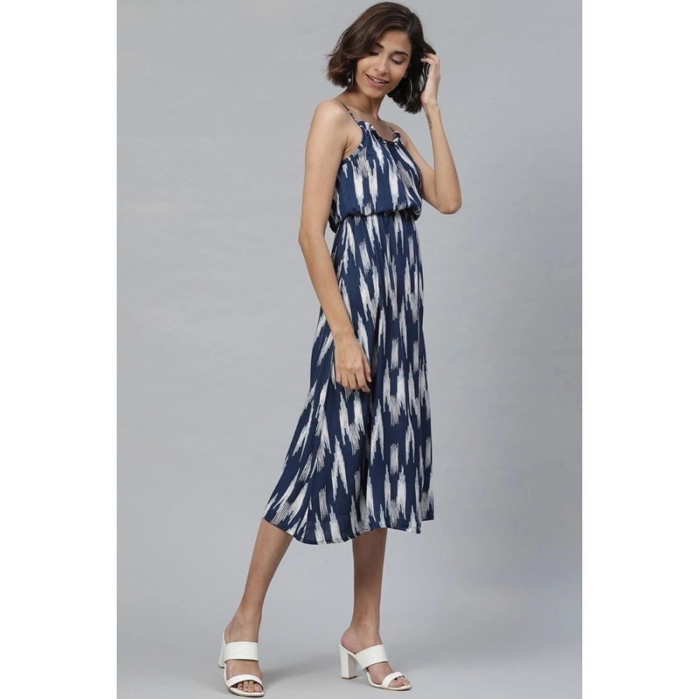 Casual Sleeveless Ikat Print Rayon Dress (Blue) - Image 5