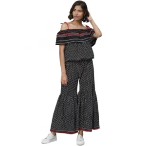 Casual shoulder sleeve Geomatrical Printed Cotton Dress (Black)