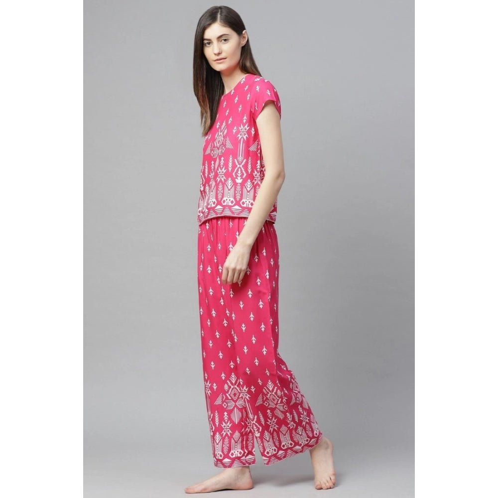 Casual Short Sleeve Printed Rayon Pajama Set (Pink) - Image 2