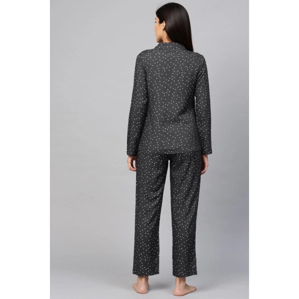 Casual Full Sleeves Polka Dot Printed Rayon Shirt With Pyjama Pant Night Suit Set (Grey) - Image 5